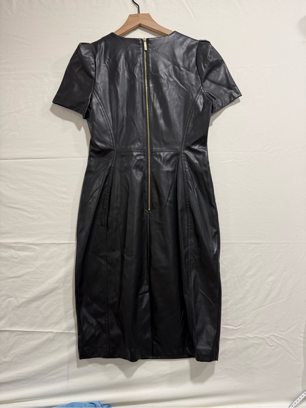 Calvin Klein Black Faux Leather Puff Sleeve Midi Sheath Dress Size 8 - Picture 4 of 9